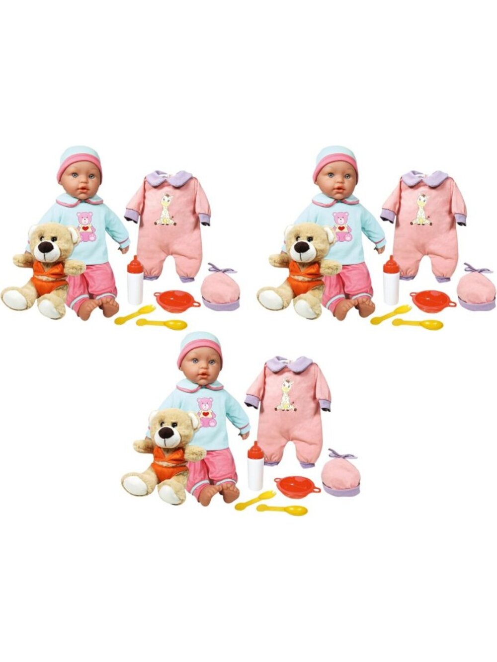 15" Baby Doll Set with Stuffed Teddy Bear, Extra Outfit & Food Accessories - 8